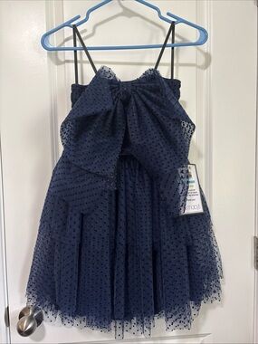 B Darlin Juniors' Blue Bow-Trim Polka-Dot Strapless Dress Size 5/6